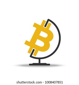 Bitcoin sign flat icon (internet money). Crypto currency symbol stylized earth globe. Isolated vector coin logo  illustration.