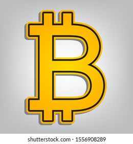 Bitcoin sign. Flat orange icon with overlapping linear black icon with gray shadow at whitish background. Illustration.