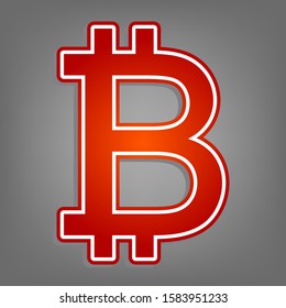 Bitcoin sign. Flat red icon with linear white icon with gray shadow at grayish background. Illustration.