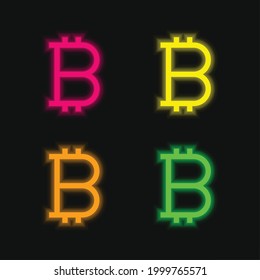 Bitcoin Sign four color glowing neon vector icon