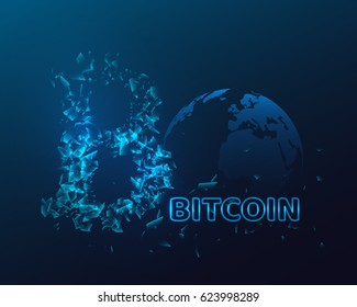 Bitcoin sign with glowing explosion effect. Cryptocurrency concept. Neon text. Vector illustration.
