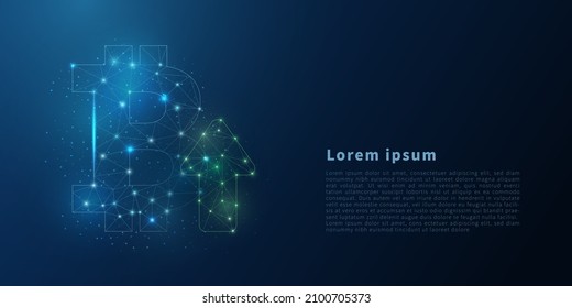 Bitcoin signiert mit dem Aufwachsen aus dem polygonalen Wireframe. Abstraktes Low-Poly-Bitcoin-Schild mit Pfeil nach oben. Polygonale Wireframe-Illustration mit Linien und Punkten. Vektorgrafik-Concept-Illustration.