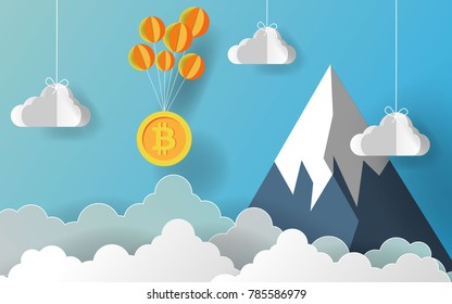 Bitcoin sign hanging with golden yellow balloon, business and finance concept and paper art idea, vector art and illustration.