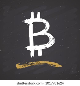 Bitcoin sign icon brush lettering, Grunge calligraphic symbols, vector illustration on chalkboard background.