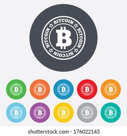 Bitcoin sign icon. Cryptography currency symbol. P2P. Round colourful 11 buttons. Vector