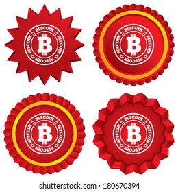 Bitcoin sign icon. Cryptography currency symbol. P2P. Red stars stickers. Certificate emblem labels. Vector