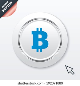 Bitcoin sign icon. Cryptography currency symbol. P2P. White button with metallic line. Modern UI website button with mouse cursor pointer. Vector