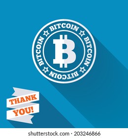 Bitcoin sign icon. Cryptography currency symbol. P2P. White flat icon with long shadow. Paper ribbon label with Thank you text. Vector