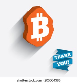 Bitcoin sign icon. Cryptography currency symbol. P2P. White icon on orange 3D piece of wall. Carved in stone with long flat shadow. Vector