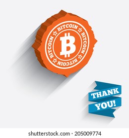 Bitcoin sign icon. Cryptography currency symbol. P2P. White icon on orange 3D piece of wall. Carved in stone with long flat shadow. Vector