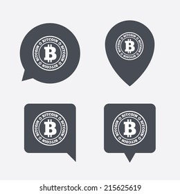 Bitcoin sign icon. Cryptography currency symbol. P2P. Map pointers information buttons. Speech bubbles with icons. Vector
