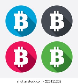 Bitcoin sign icon. Cryptography currency symbol. P2P. Circle buttons with long shadow. 4 icons set. Vector