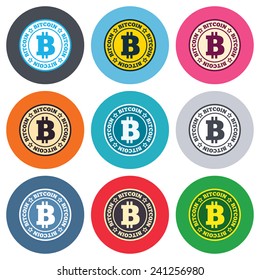 Bitcoin sign icon. Cryptography currency symbol. P2P. Colored round buttons. Flat design circle icons set. Vector