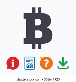 Bitcoin sign icon. Cryptography currency symbol. P2P. Information think bubble, question mark, download and report.