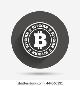 Bitcoin sign icon. Cryptography currency symbol. P2P. Circle flat button with shadow. Vector