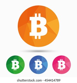 Bitcoin sign icon. Cryptography currency symbol. P2P. Triangular low poly button with flat icon. Vector