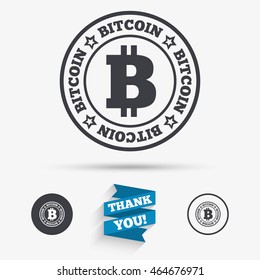 Bitcoin sign icon. Cryptography currency symbol. P2P. Flat icons. Buttons with icons. Thank you ribbon. Vector