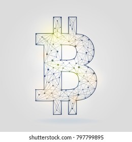 Bitcoin sign icon. Wireframe mesh on gray background vector illustration. Cryprocurrency logo, Modern technology and digital money mining concept