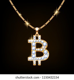 Bitcoin sign jewelry necklace with diamonds gemstones on golden chain. Hip-hop style.