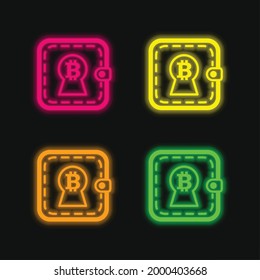 Bitcoin Sign In Keyhole Shape On A Wallet four color glowing neon vector icon