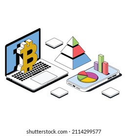Bitcoin sign laptop and mobile screen, charts. Vector 3d sketch line isometric style, color icon illustration. Creative design idea and infographics elements.