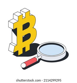 Bitcoin sign loup. Vector 3d sketch line isometric style, color icon illustration. Creative design idea and infographics elements.