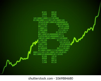 Bitcoin sign on background of growing line. Concept of strengthening currency, positive trend