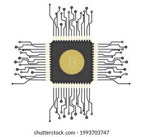 Bitcoin sign on chip. vector illustration