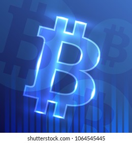 Bitcoin sign on dark blue background. Digital currency concept. Vector design