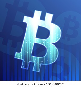 Bitcoin sign on dark blue background. Digital currency concept. Vector design