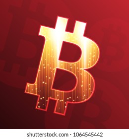 Bitcoin sign on dark red background. Digital currency concept. Vector design