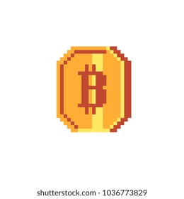 Bitcoin sign pixel art icon for internet money. Crypto currency golden coin bitcoin symbol. Isolated vector illustration. 8-bit. Game assets.