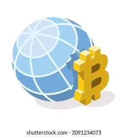 Bitcoin sign planet globe. Vector 3d line isometric, color web icons, new flat style. Creative design idea for infographics.