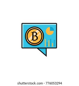 Bitcoin sign and rectangle speech bubble flat color line icon. Bit coin symbol with diagram and graphs into chat message box - illustration in thin linear style for ifographics, web and ui design.