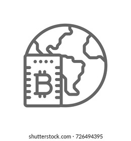Bitcoin sign with the server and globe line icon. Cryptocurrency bitcoin cloud mining concept. Linear vector icon isolated on white transparent background.