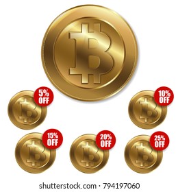 Bitcoin Sign Set With Percent, Vector Illustration