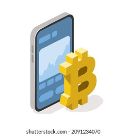 Bitcoin sign smartphone screen. Vector 3d line isometric, color web icons, new flat style. Creative design idea for infographics.