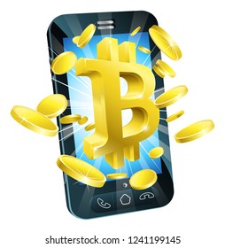 Bitcoin sign symbol and gold coins mobile phone concept