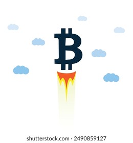 Bitcoin Sign Taking Off - Bit Coin's Rate Is Rising High Up in the Sky, Economy and Crypto Business Keeps Growing - Cryptocurrency Trading Concept Design Isolated on White Background