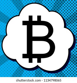 Bitcoin sign. Vector. Black icon in bubble on blue pop-art background with rays.
