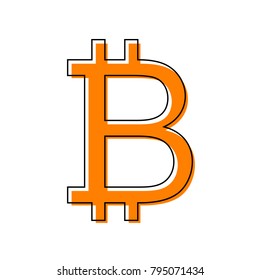 Bitcoin sign. Vector. Black line icon with shifted flat orange filled icon on white background. Isolated.