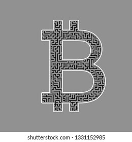 Bitcoin sign. Vector. Black maze filled icon with white border at gray background.