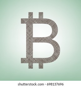 Bitcoin sign. Vector. Brown flax icon on green background with light spot at the center.