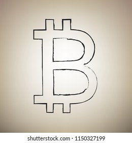 Bitcoin sign. Vector. Brush drawed black icon at light brown background.