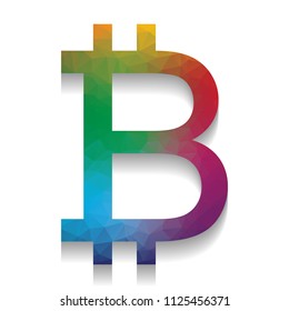 Bitcoin sign. Vector. Colorful icon with bright texture of mosaic with soft shadow on white background. Isolated.