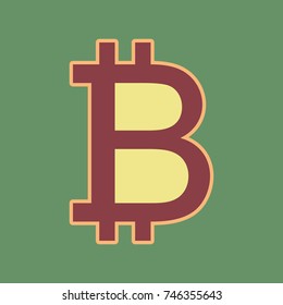 Bitcoin sign. Vector. Cordovan icon and mellow apricot halo with light khaki filled space at russian green background.