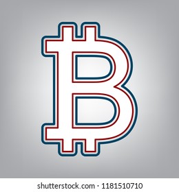 Bitcoin sign. Vector. Dark red, transparent and midnight green stroke of white icon at grayish background.