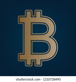 Bitcoin sign. Vector. Golden icon and border at dark cyan background.