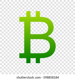 Bitcoin sign. Vector. Green gradient icon on transparent background.