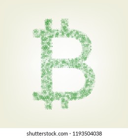 Bitcoin sign. Vector. Green hexagon rastered icon and noised opacity and size at light green background with central light.